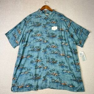 NWT Batik Bay Mens 3XLT Teal Tropical Island Palm Tree Rayon Hawaiian Shirt
